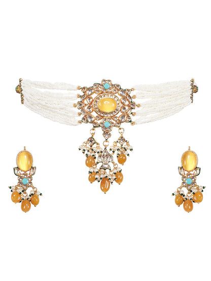 Gold Plated Yellow Kundan Traditional Choker Set For Women - Auraa Trends - Necklaces - Choker Kundan Necklace