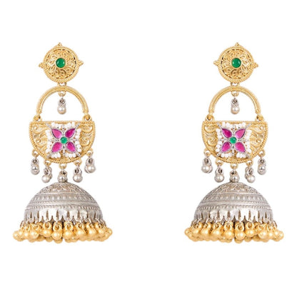Gold & Silver - Plated Traditional Jhumka Earrings with Green & Pink Stone Detailing - Auraa Trends - Earrings -  - Auraa Trends - Gold and silver - plated traditional jhumka earrings with green and pink floral stones, pearl drops, and dome - shaped oxidized base