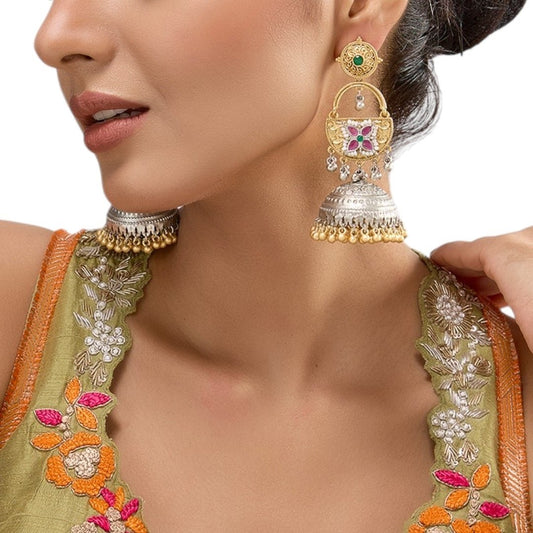 Gold & Silver - Plated Traditional Jhumka Earrings with Green & Pink Stone Detailing - Auraa Trends - Earrings -  - Auraa Trends - Gold and silver - plated traditional jhumka earrings with green and pink floral stones, pearl drops, and dome - shaped oxidized base