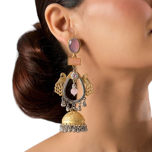 Gold - Tone Dual Peacock Jhumka Earrings with Pink Stone & Silver Ghungroo Drops - Auraa Trends - Earrings -  - Auraa Trends - "Dual - tone gold and silver peacock motif jhumka earrings with pink stone and beads – handcrafted traditional wear"