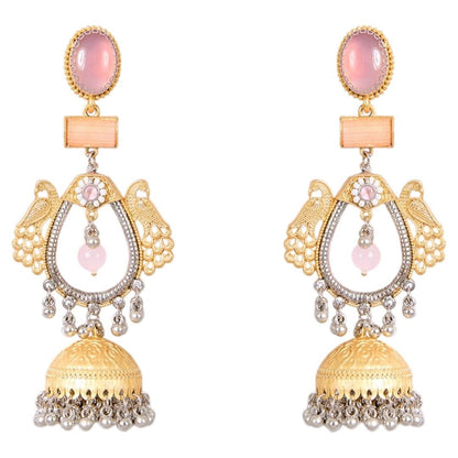Gold - Tone Dual Peacock Jhumka Earrings with Pink Stone & Silver Ghungroo Drops - Auraa Trends - Earrings -  - Auraa Trends - "Dual - tone gold and silver peacock motif jhumka earrings with pink stone and beads – handcrafted traditional wear"