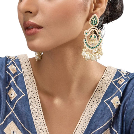 Gold - Tone Green Stone Chandbali Earrings with Pearl Drops & Mini Jhumka - Auraa Trends - Earrings -  - Auraa Trends - "Gold - tone chandbali earrings with green stones, white pearl drops, and a central mini jhumka – traditional festive earrings for women."