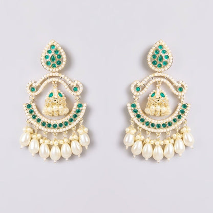 Gold - Tone Green Stone Chandbali Earrings with Pearl Drops & Mini Jhumka - Auraa Trends - Earrings -  - Auraa Trends - "Gold - tone chandbali earrings with green stones, white pearl drops, and a central mini jhumka – traditional festive earrings for women."