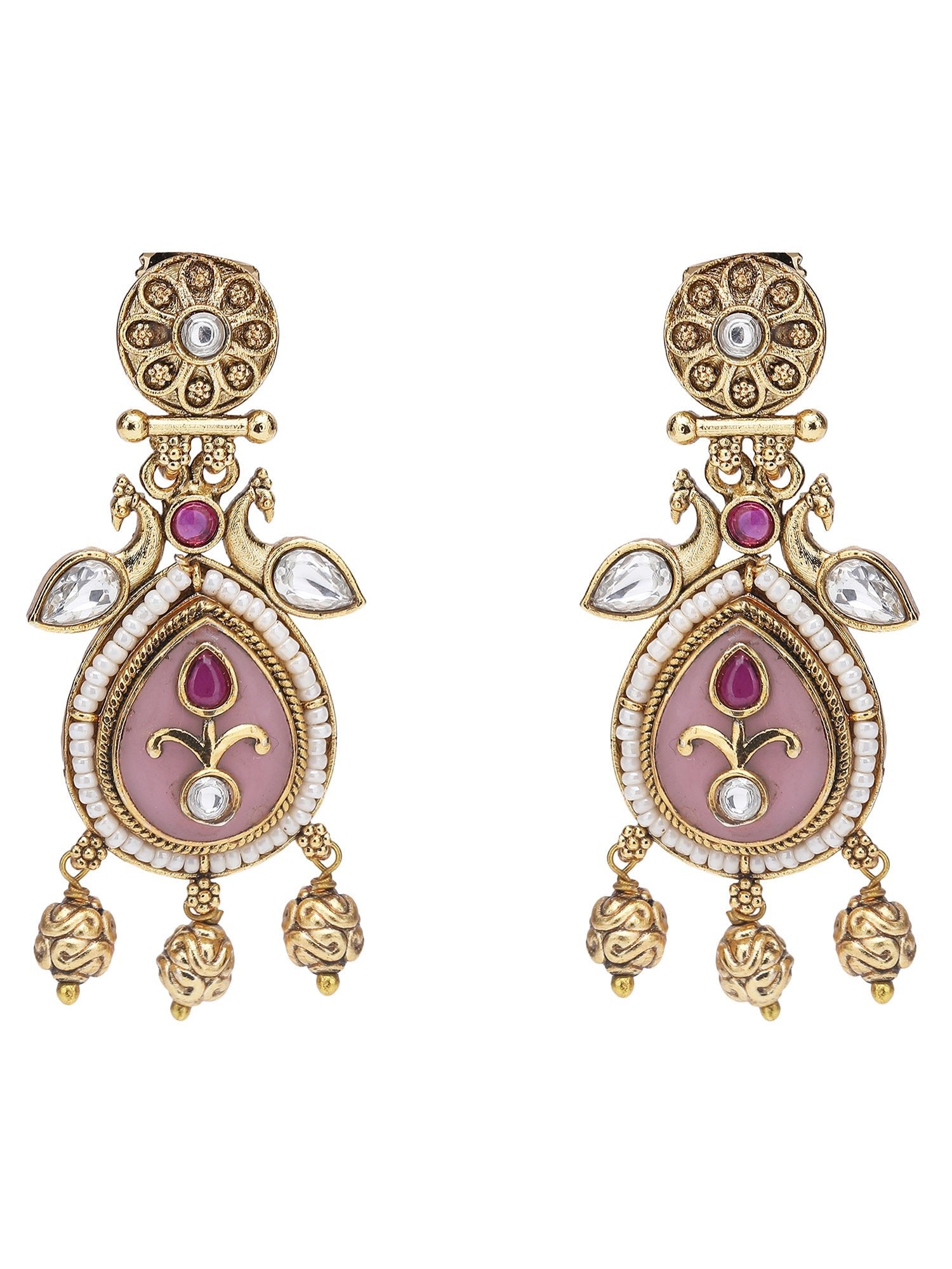 Gold-Toned & White Gold Plated Kundan-Polki Handcrafted Beaded Necklace Set - Auraa Trends - Necklace Set -Fashion Jewellery