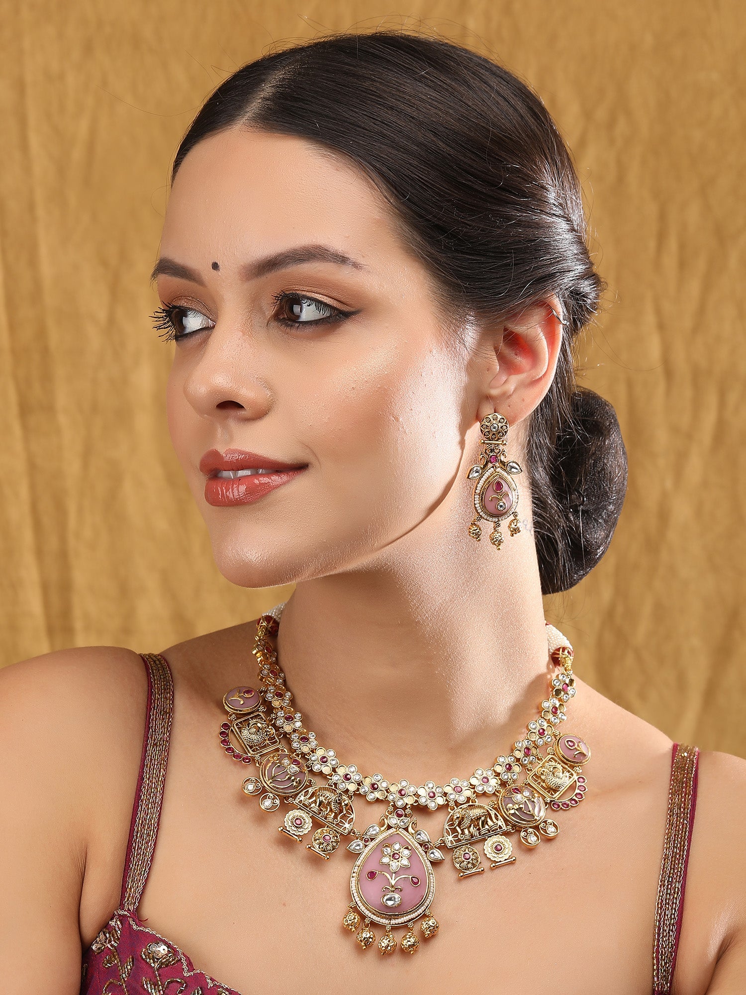 Gold-Toned & White Gold Plated Kundan-Polki Handcrafted Beaded Necklace Set - Auraa Trends - Necklace Set -Fashion Jewellery