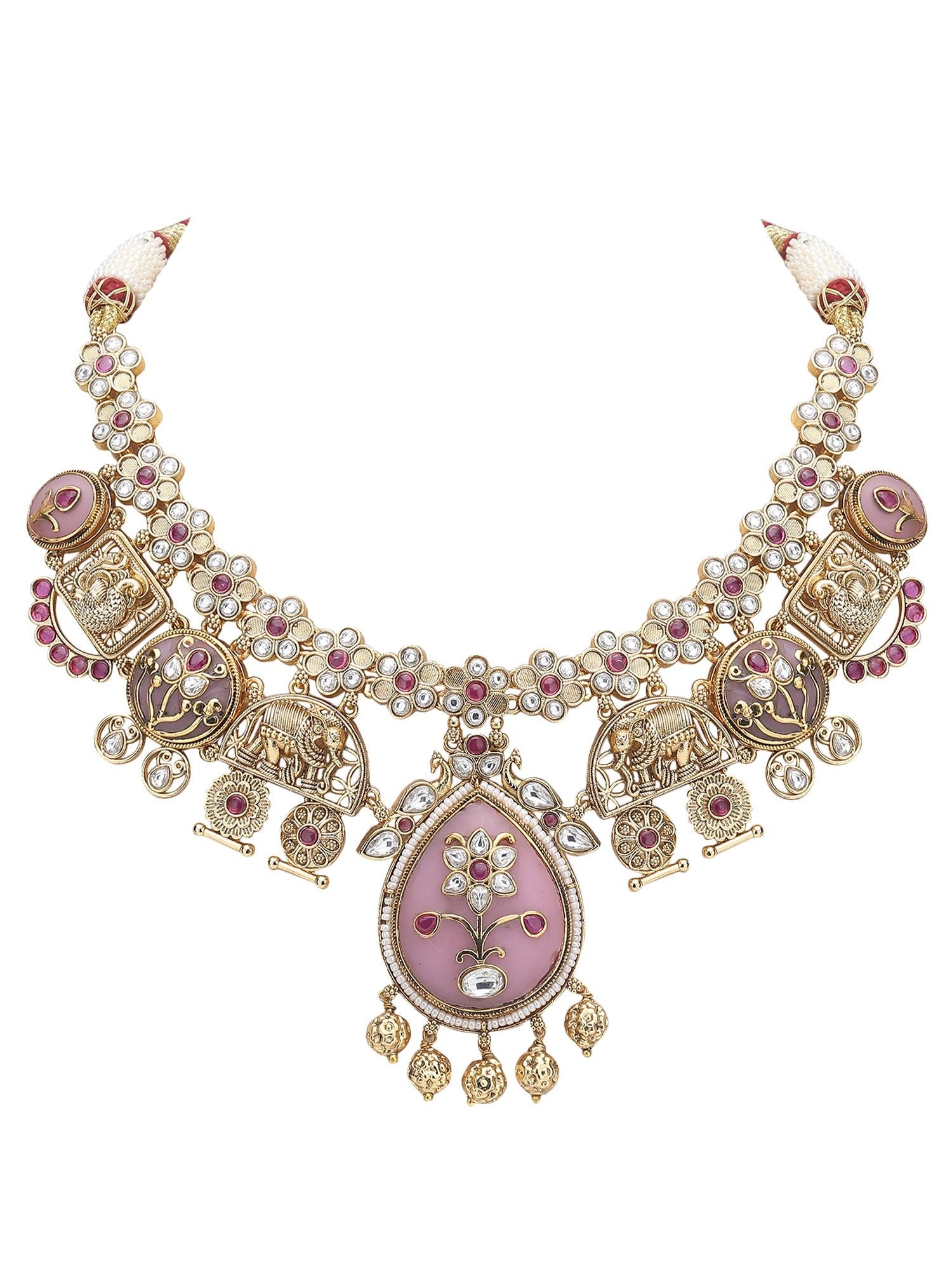 Gold-Toned & White Gold Plated Kundan-Polki Handcrafted Beaded Necklace Set - Auraa Trends - Necklace Set -Fashion Jewellery