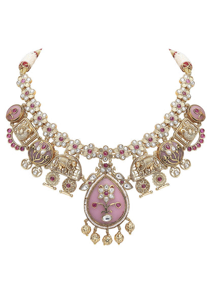 Gold-Toned & White Gold Plated Kundan-Polki Handcrafted Beaded Necklace Set - Auraa Trends - Necklace Set -Fashion Jewellery
