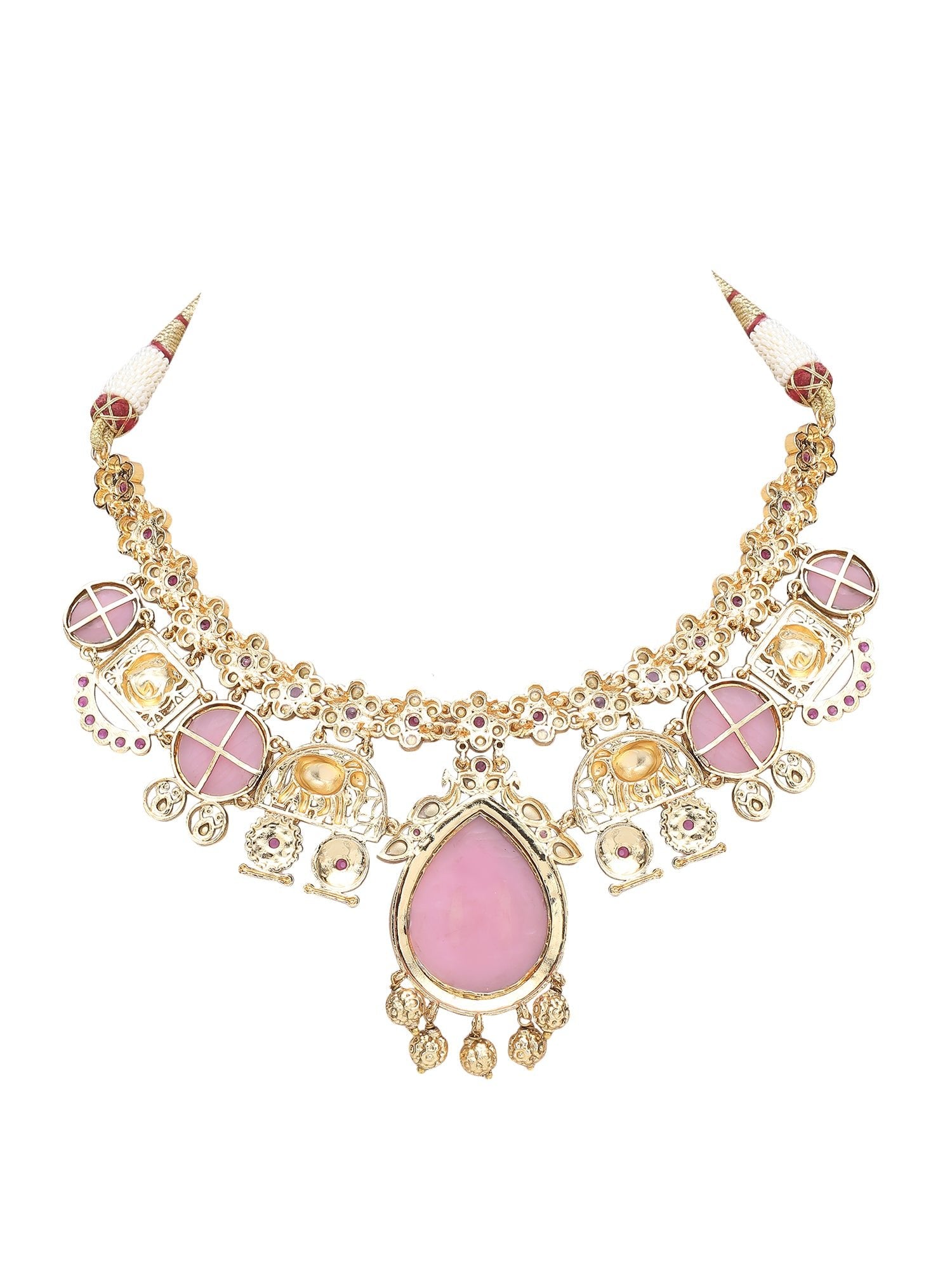 Gold-Toned & White Gold Plated Kundan-Polki Handcrafted Beaded Necklace Set - Auraa Trends - Necklace Set -Fashion Jewellery