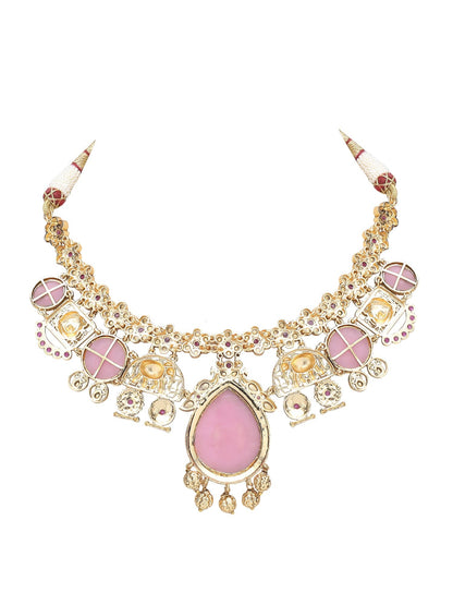 Gold-Toned & White Gold Plated Kundan-Polki Handcrafted Beaded Necklace Set - Auraa Trends - Necklace Set -Fashion Jewellery