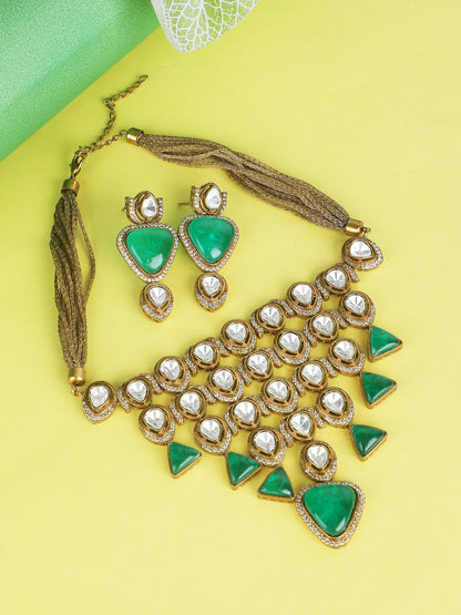 Gold-Toned & White Gold-Plated Kundan-Polki Handcrafted Beaded Necklace Set - Auraa Trends - Necklace Set -Festive