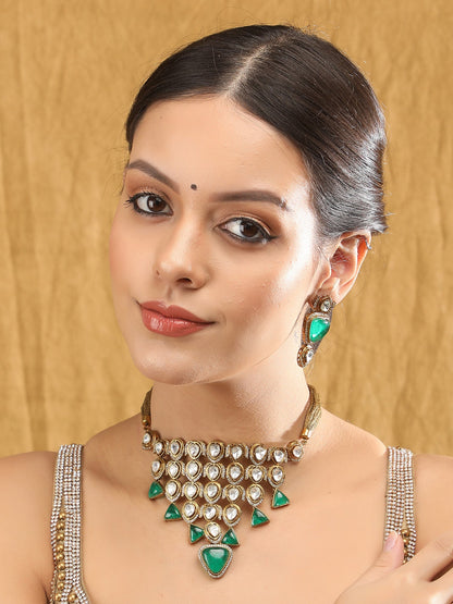 Gold-Toned & White Gold-Plated Kundan-Polki Handcrafted Beaded Necklace Set - Auraa Trends - Necklace Set -Festive