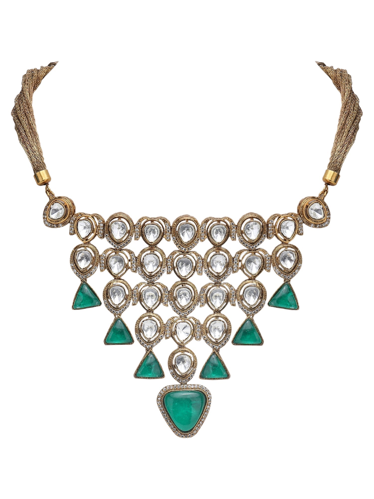 Gold-Toned & White Gold-Plated Kundan-Polki Handcrafted Beaded Necklace Set - Auraa Trends - Necklace Set -Festive