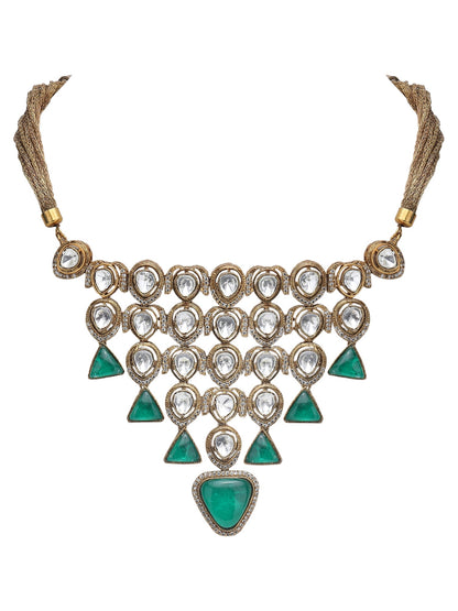 Gold-Toned & White Gold-Plated Kundan-Polki Handcrafted Beaded Necklace Set - Auraa Trends - Necklace Set -Festive