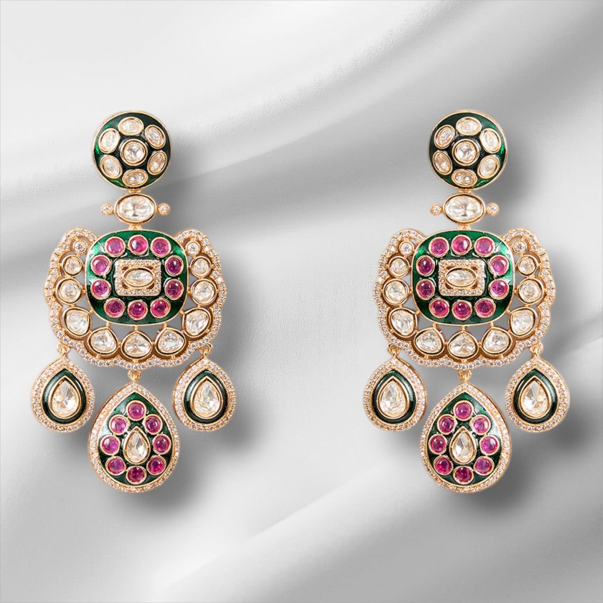 Gorgeous Bridal Necklace and Earrings Set with Ruby, Green, and Pearl Stone - Auraa Trends - necklace - # - Auraa Trends - Gorgeous Bridal Necklace and Earrings Set with Ruby, Green, and Pearl Stone