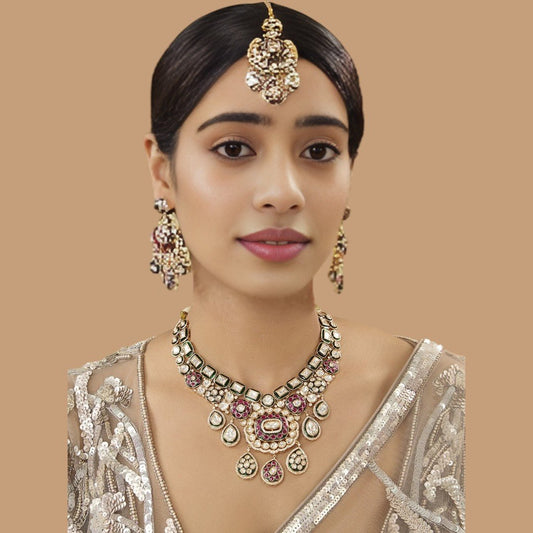Gorgeous Bridal Necklace and Earrings Set with Ruby, Green, and Pearl Stone - Auraa Trends - necklace - # - Auraa Trends - Gorgeous Bridal Necklace and Earrings Set with Ruby, Green, and Pearl Stone