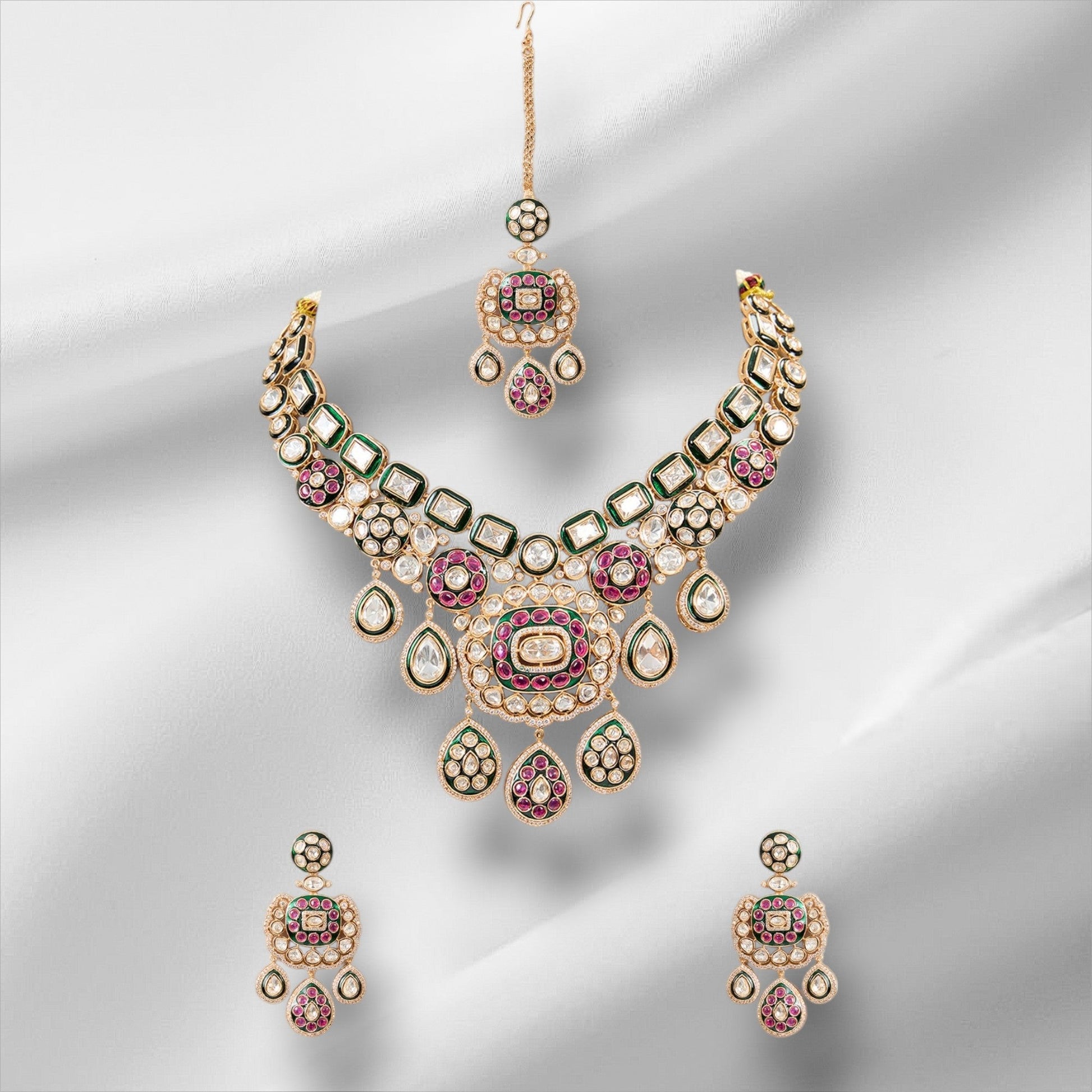 Gorgeous Bridal Necklace and Earrings Set with Ruby, Green, and Pearl Stone - Auraa Trends - necklace - # - Auraa Trends - Gorgeous Bridal Necklace and Earrings Set with Ruby, Green, and Pearl Stone