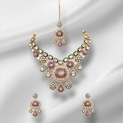 Gorgeous Bridal Necklace and Earrings Set with Ruby, Green, and Pearl Stone - Auraa Trends - necklace - # - Auraa Trends - Gorgeous Bridal Necklace and Earrings Set with Ruby, Green, and Pearl Stone