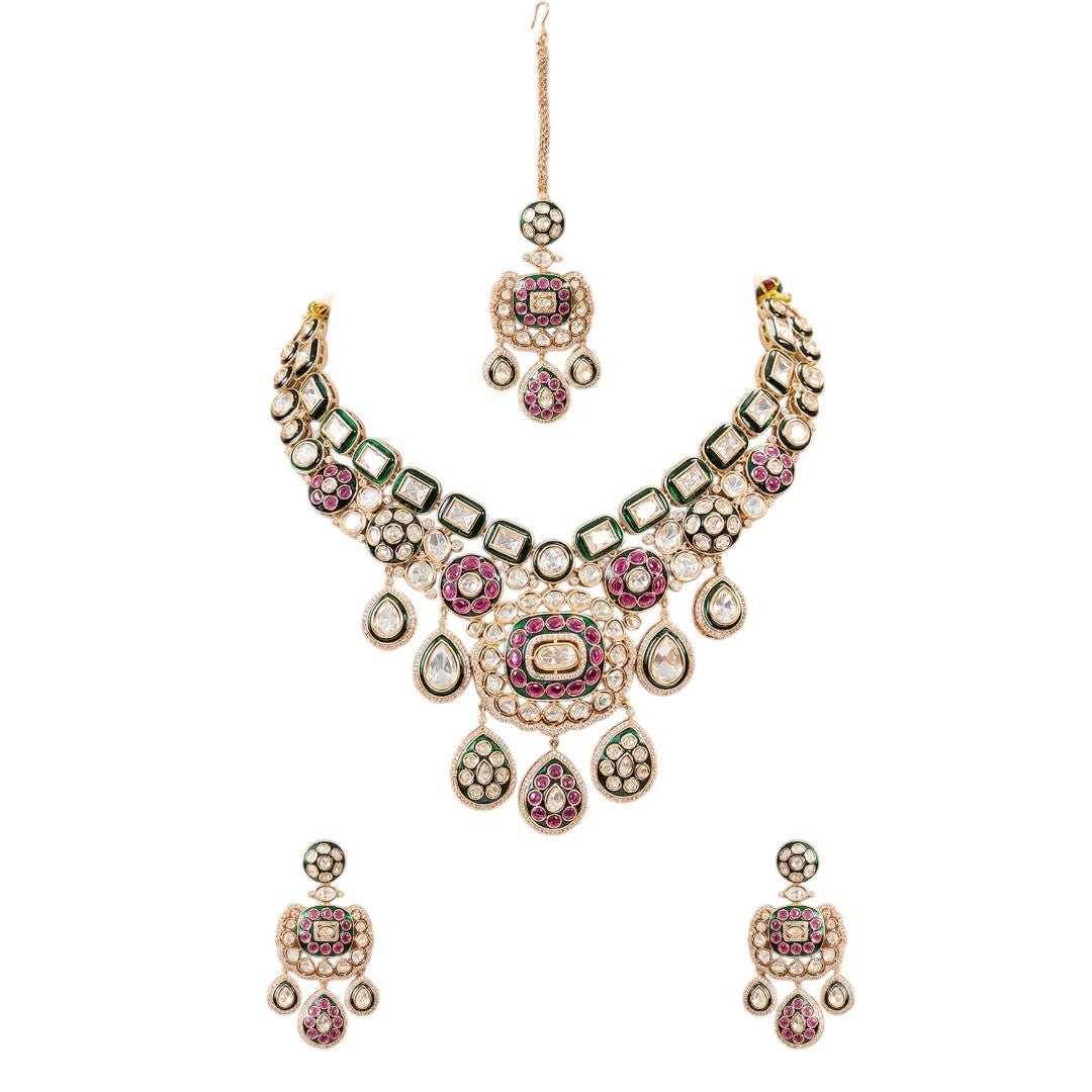 Gorgeous Bridal Necklace and Earrings Set with Ruby, Green, and Pearl Stone - Auraa Trends - necklace - # - Auraa Trends - Gorgeous Bridal Necklace and Earrings Set with Ruby, Green, and Pearl Stone