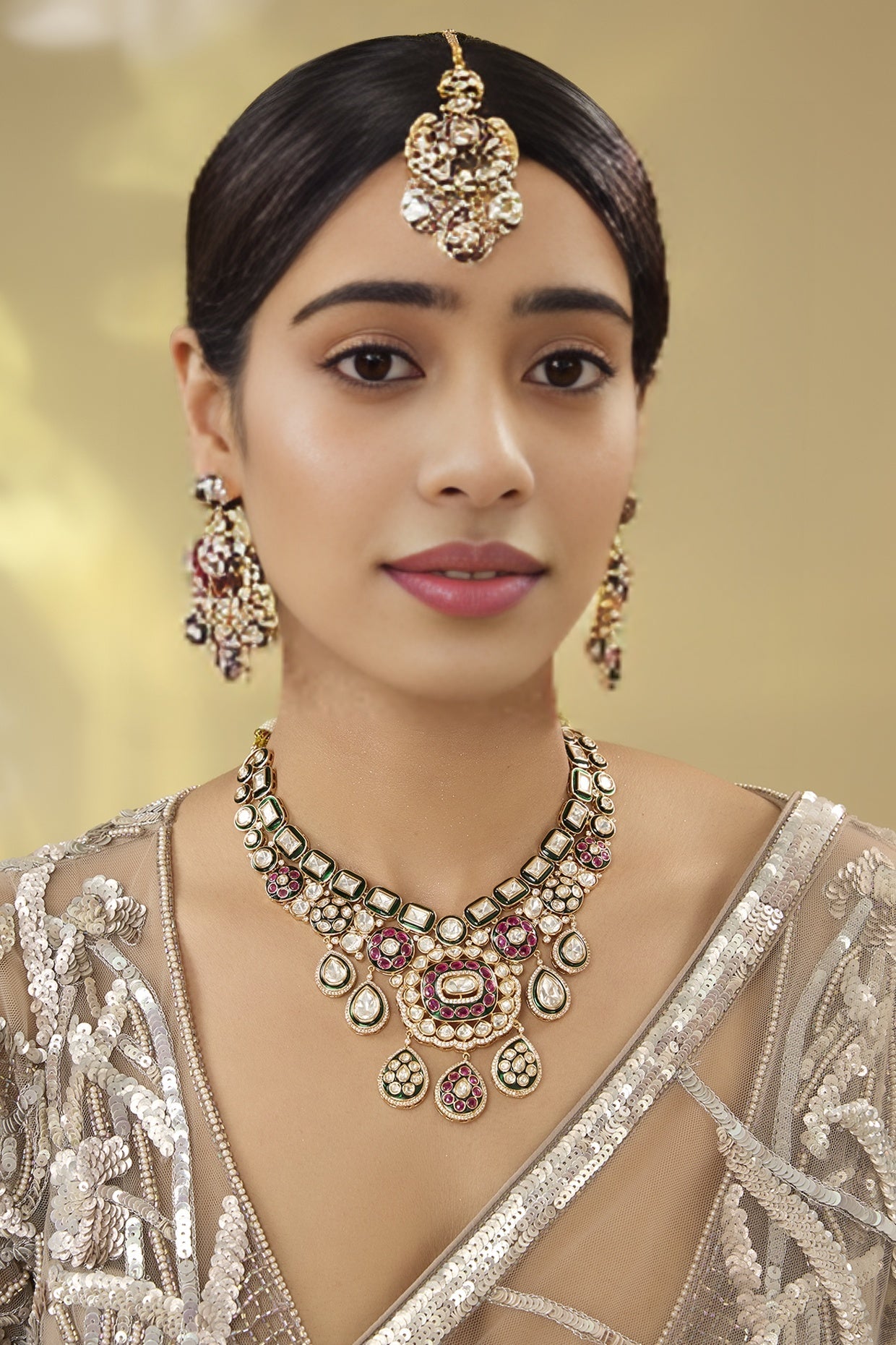 Gorgeous Bridal Necklace and Earrings Set with Ruby, Green, and Pearl Stone - Auraa Trends - necklace - # - Auraa Trends - Gorgeous Bridal Necklace and Earrings Set with Ruby, Green, and Pearl Stone