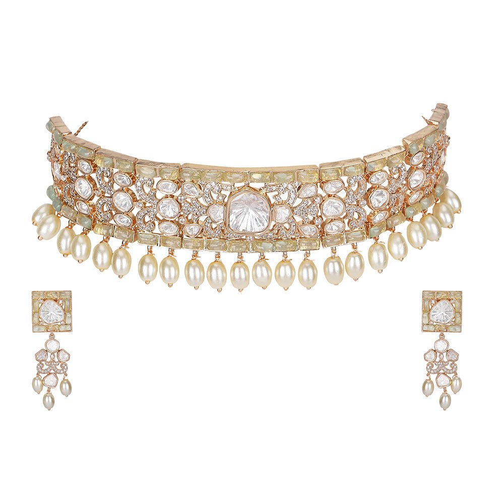 Graceful Pearl and Polki Choker Necklace Set with Earrings - Auraa Trends - Choker - Graceful Pearl and Polki Choker Necklace