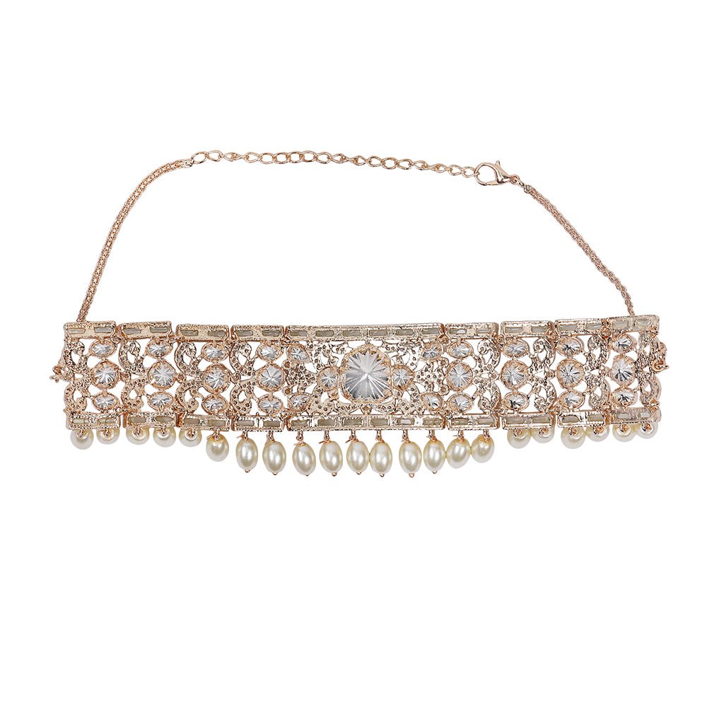 Graceful Pearl and Polki Choker Necklace Set with Earrings - Auraa Trends - Choker - Graceful Pearl and Polki Choker Necklace
