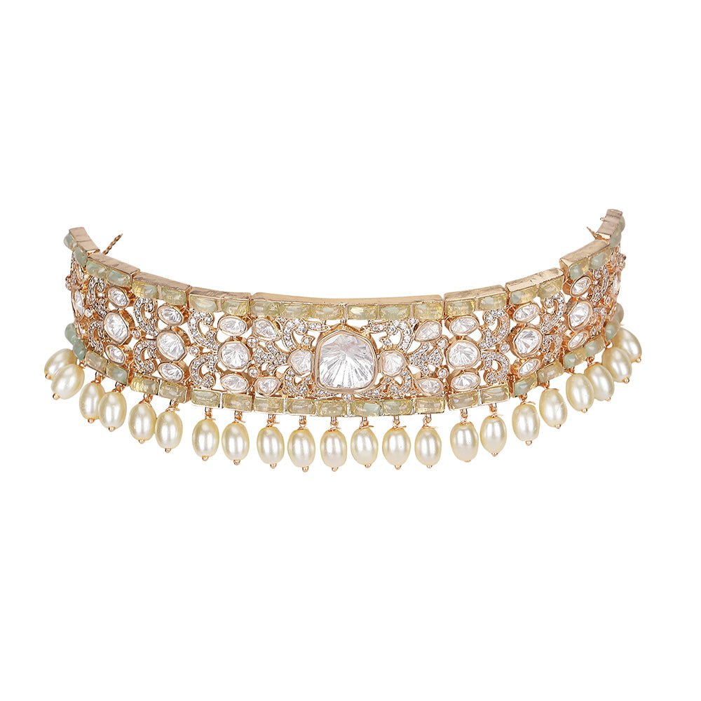 Graceful Pearl and Polki Choker Necklace Set with Earrings - Auraa Trends - Choker - Graceful Pearl and Polki Choker Necklace