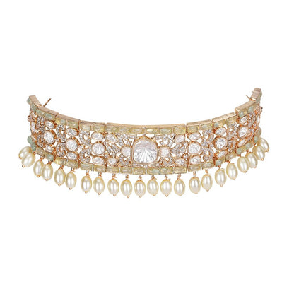 Graceful Pearl and Polki Choker Necklace Set with Earrings - Auraa Trends - Choker - Graceful Pearl and Polki Choker Necklace