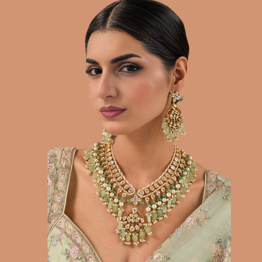 Grand Mint Green Layered Kundan Necklace Set - Auraa Trends - Necklaces - # - Auraa Trends - Grand Mint Green Layered Kundan Necklace Set