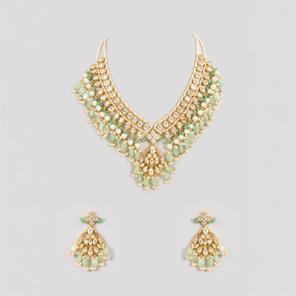 Grand Mint Green Layered Kundan Necklace Set - Auraa Trends - Necklaces - # - Auraa Trends - Grand Mint Green Layered Kundan Necklace Set
