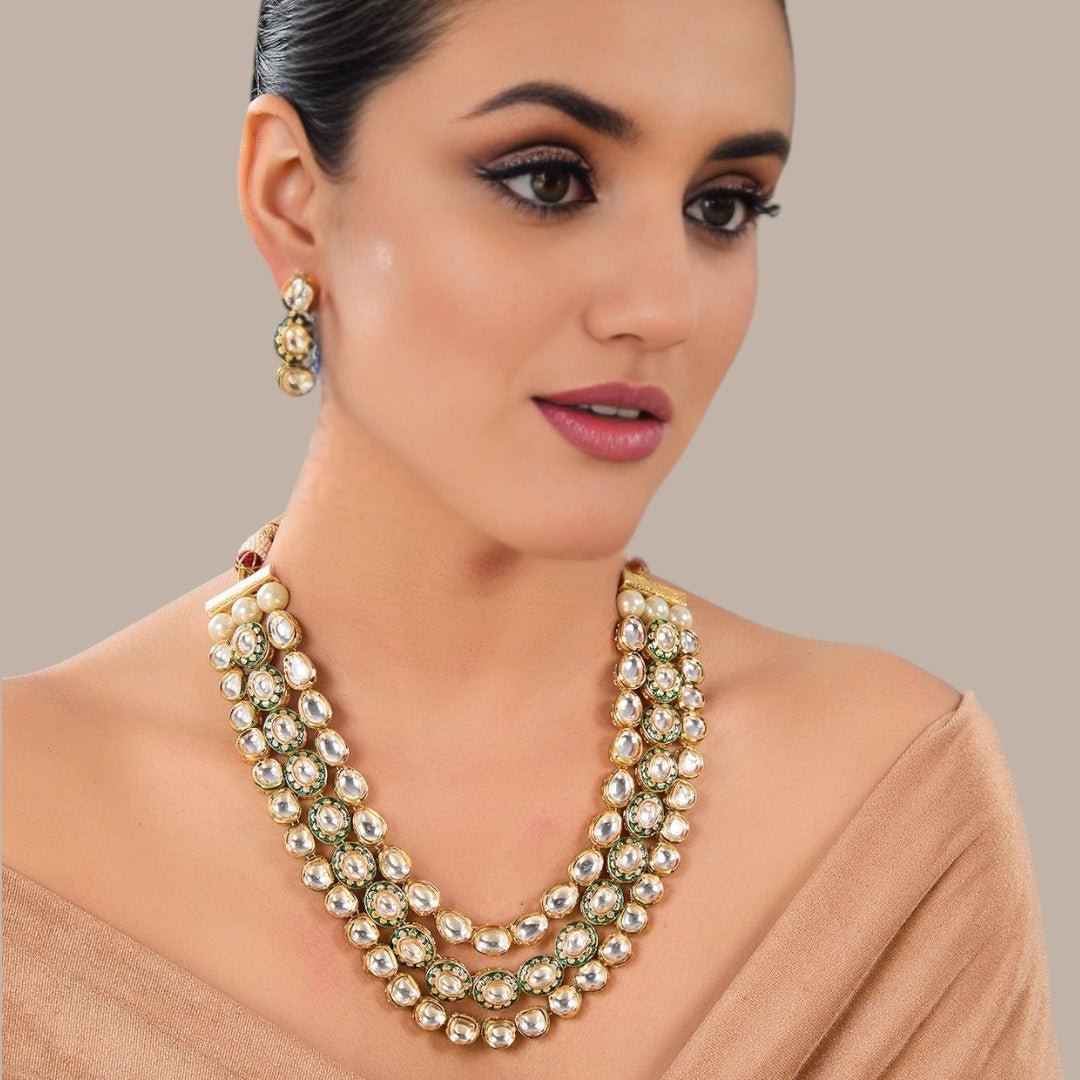Grand Multi - Layered Kundan & Pearl Bridal Necklace Set with Earrings - Auraa Trends - # - Auraa Trends - Grand Multi - Layered Kundan & Pearl Bridal Necklace Set with Earrings