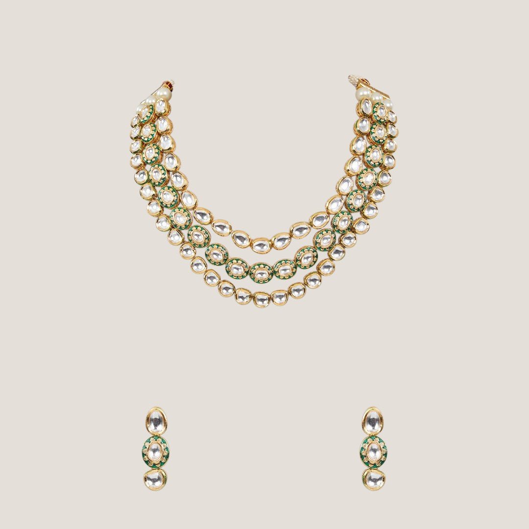 Grand Multi - Layered Kundan & Pearl Bridal Necklace Set with Earrings - Auraa Trends - # - Auraa Trends - Grand Multi - Layered Kundan & Pearl Bridal Necklace Set with Earrings
