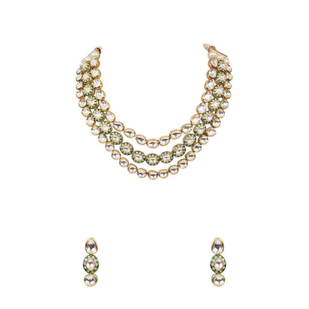 Grand Multi - Layered Kundan & Pearl Bridal Necklace Set with Earrings - Auraa Trends - # - Auraa Trends - Grand Multi - Layered Kundan & Pearl Bridal Necklace Set with Earrings