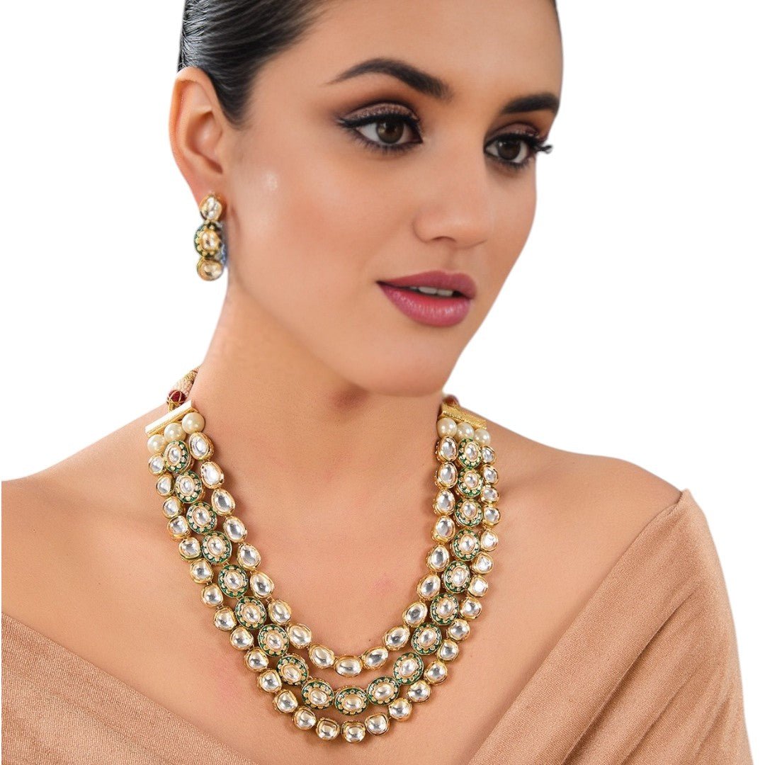 Grand Multi - Layered Kundan & Pearl Bridal Necklace Set with Earrings - Auraa Trends - # - Auraa Trends - Grand Multi - Layered Kundan & Pearl Bridal Necklace Set with Earrings