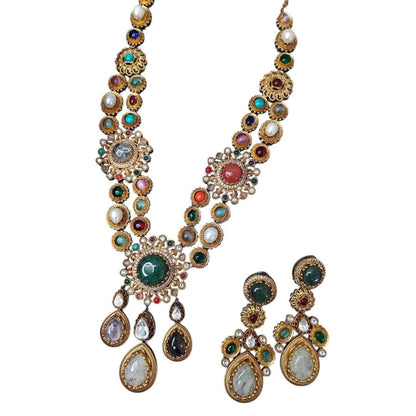 Grand Multicolor Temple Style Kundan Necklace Set - Auraa Trends - Necklace Set -  - Auraa Trends - "Antique gold - plated temple - style multicolor necklace set with matching earrings, featuring Kundan stones, pearls, and teardrop dangles
