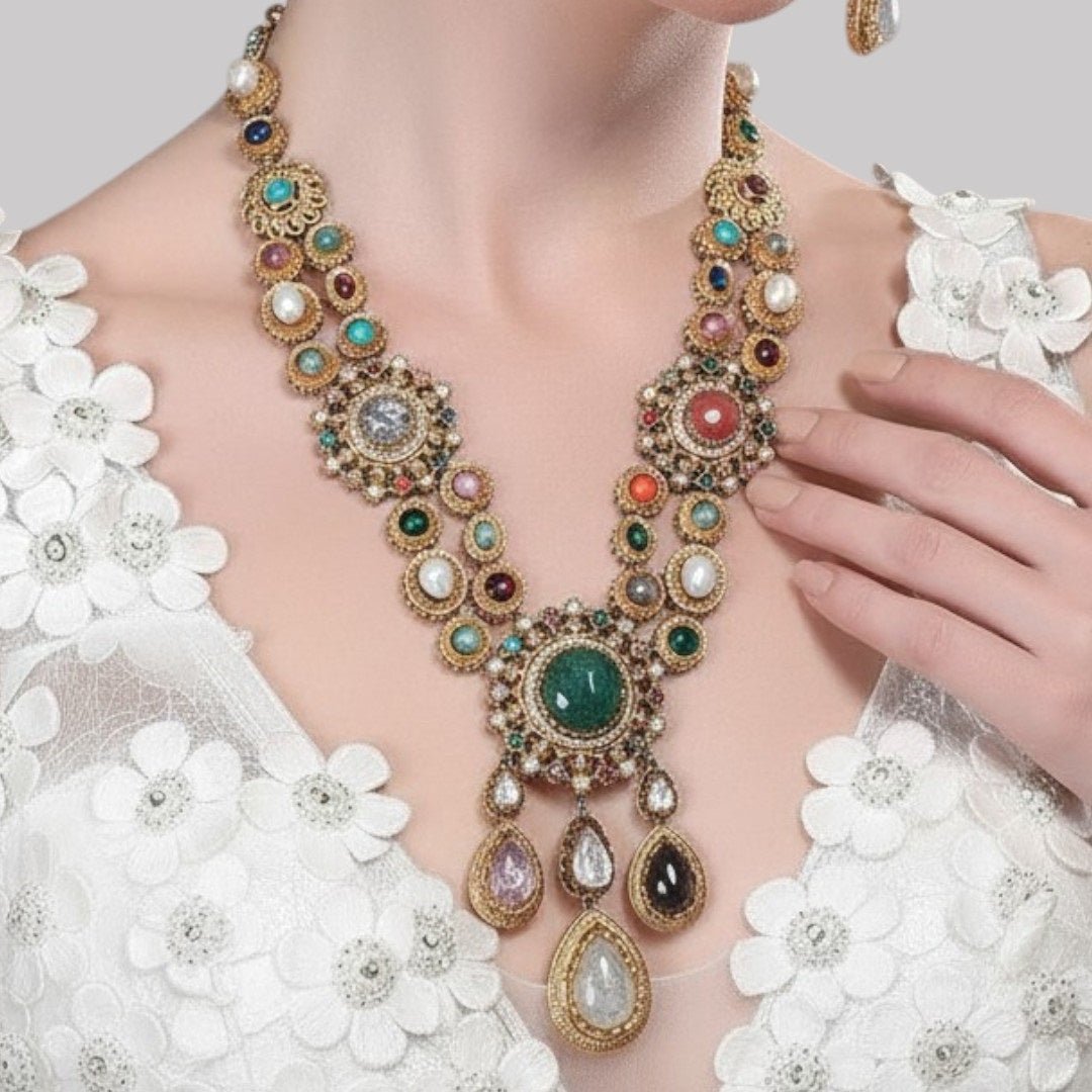 Grand Multicolor Temple Style Kundan Necklace Set - Auraa Trends - Necklace Set -  - Auraa Trends - "Antique gold - plated temple - style multicolor necklace set with matching earrings, featuring Kundan stones, pearls, and teardrop dangles