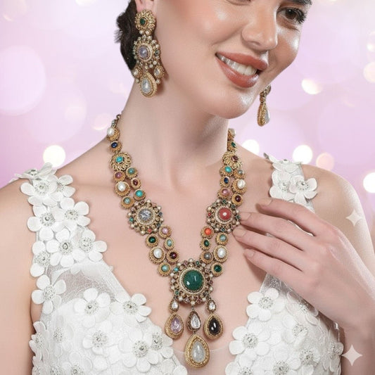 Grand Multicolor Temple Style Kundan Necklace Set - Auraa Trends - Necklace Set -  - Auraa Trends - "Antique gold - plated temple - style multicolor necklace set with matching earrings, featuring Kundan stones, pearls, and teardrop dangles