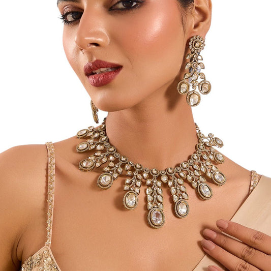 Grand Polki - Style Kundan Necklace Set with Dangling Pear Motifs - Auraa Trends - Polki style Handmade ethnic jewelry set
