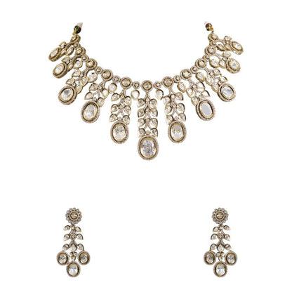 Grand Polki - Style Kundan Necklace Set with Dangling Pear Motifs - Auraa Trends - Polki style Handmade ethnic jewelry set