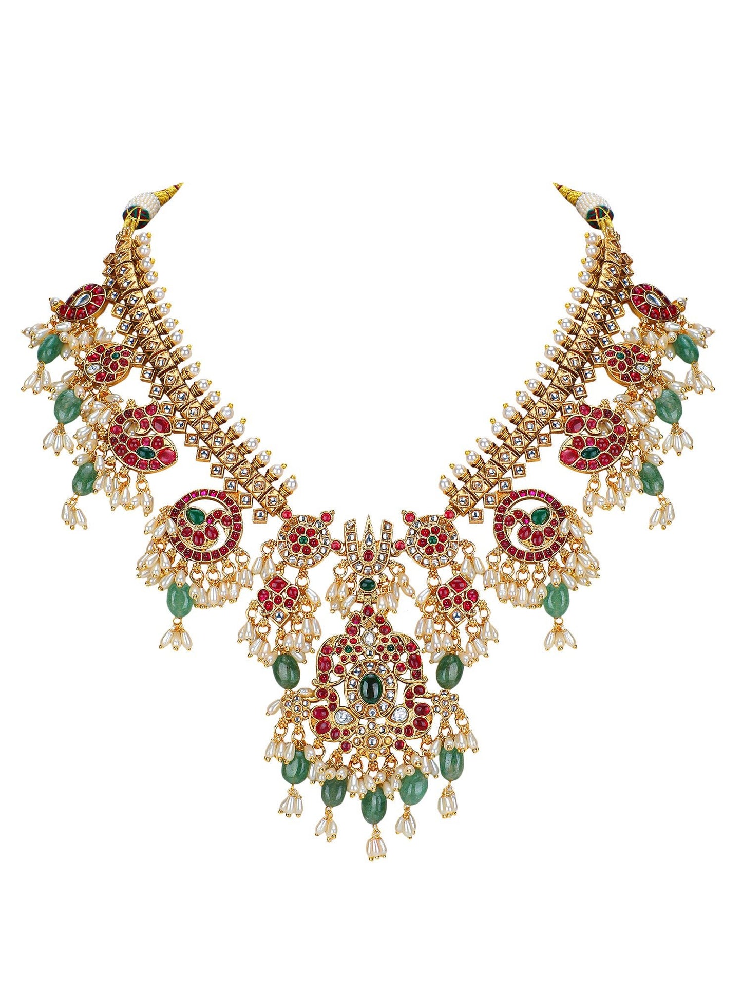 Grand Temple - Inspired Kundan Choker Necklace Set with Ruby &amp; Emerald Detailing - Auraa Trends - Necklace -  - Auraa Trends - Grand Temple - Inspired Kundan Choker Necklace Set with Ruby &amp; Emerald Detailing