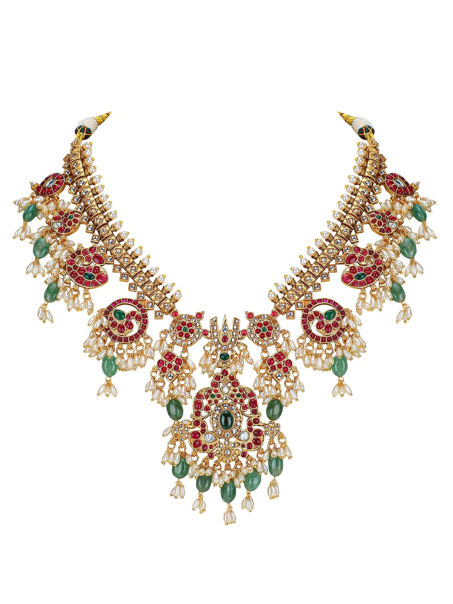 Grand Temple - Inspired Kundan Choker Necklace Set with Ruby &amp; Emerald Detailing - Auraa Trends - Necklace -  - Auraa Trends - Grand Temple - Inspired Kundan Choker Necklace Set with Ruby &amp; Emerald Detailing