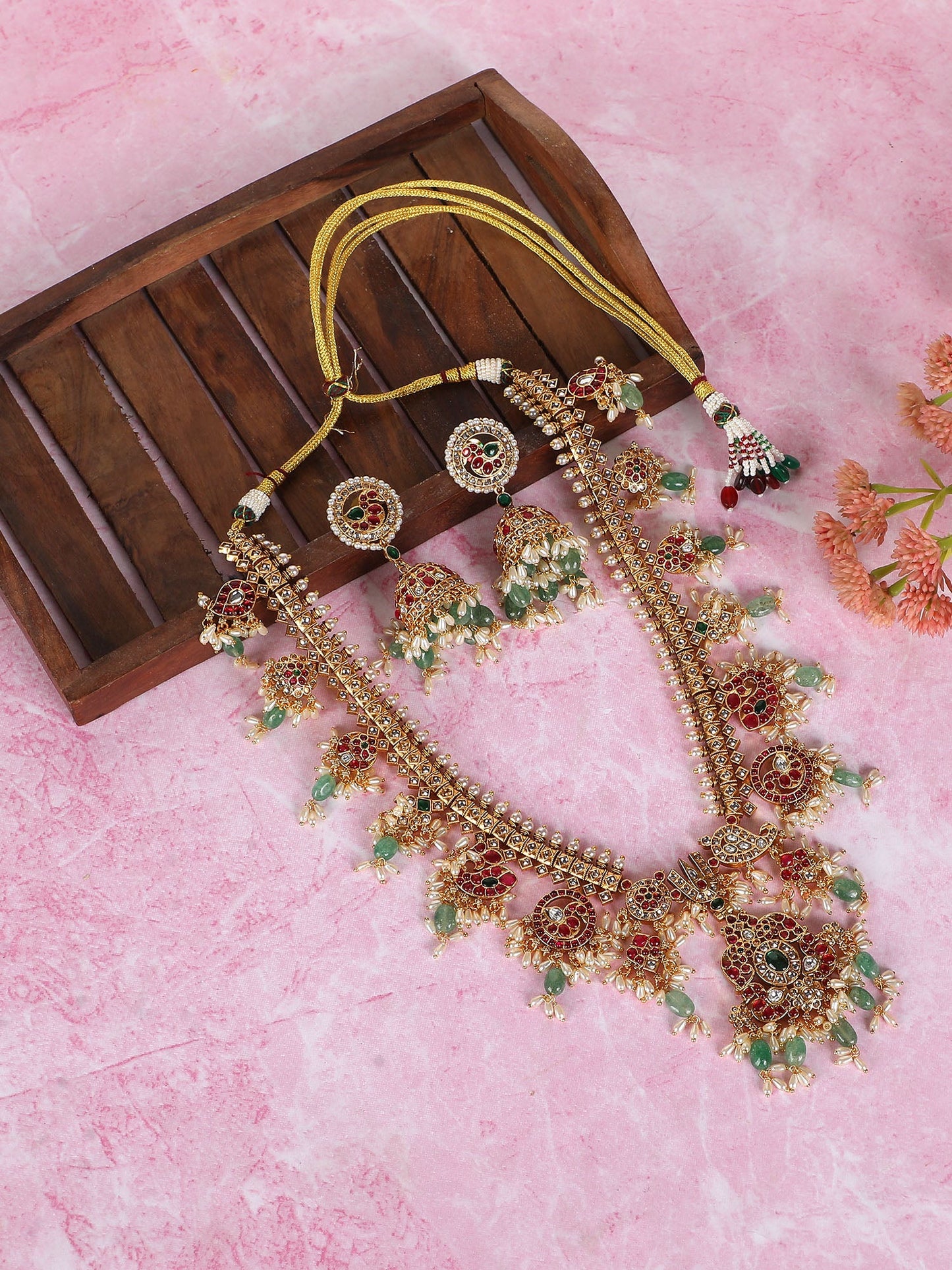 Grand Temple - Inspired Kundan Choker Necklace Set with Ruby &amp; Emerald Detailing - Auraa Trends - Necklace -  - Auraa Trends - Grand Temple - Inspired Kundan Choker Necklace Set with Ruby &amp; Emerald Detailing