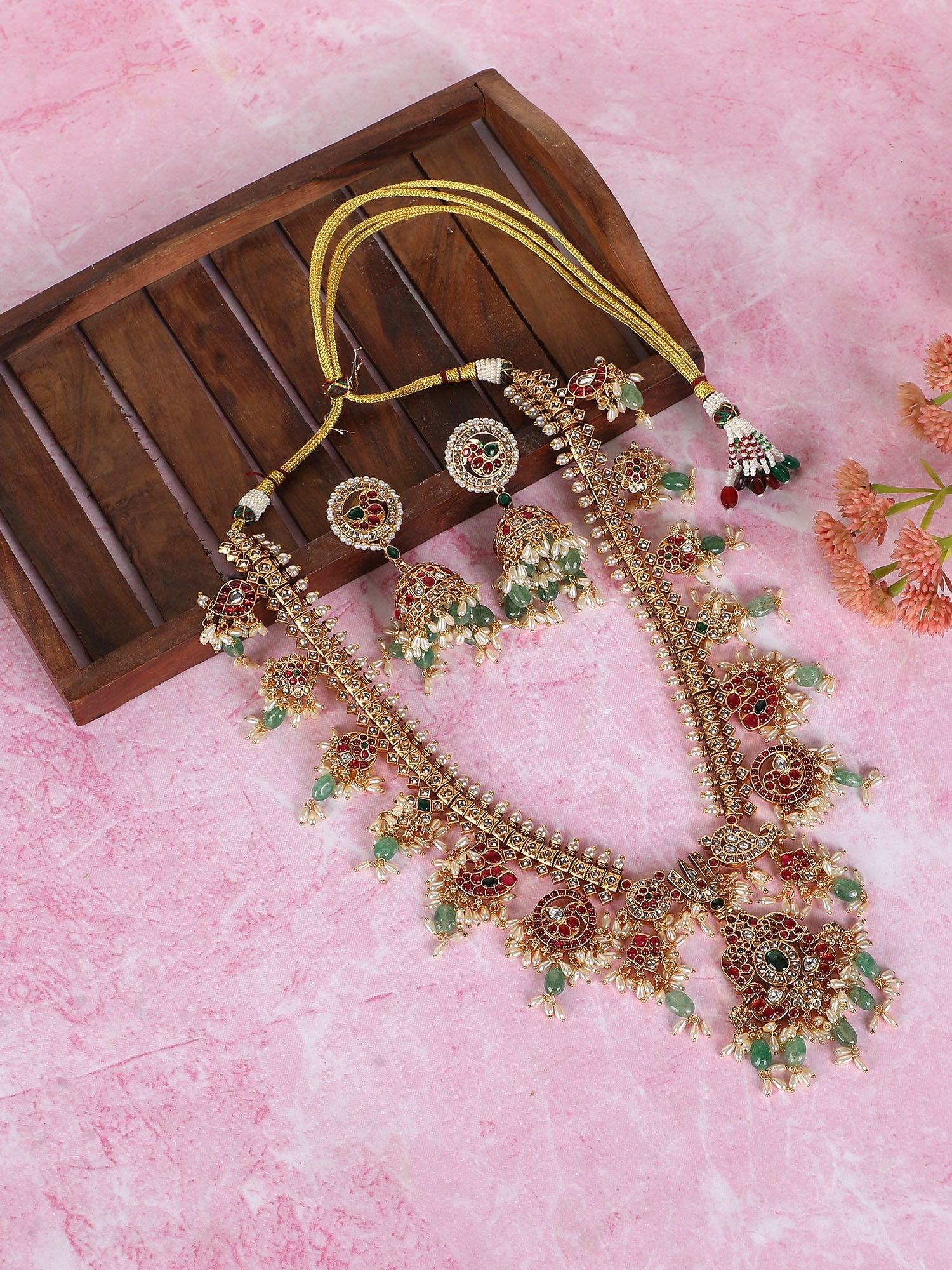 Grand Temple - Inspired Kundan Choker Necklace Set with Ruby &amp; Emerald Detailing - Auraa Trends - Necklace -  - Auraa Trends - Grand Temple - Inspired Kundan Choker Necklace Set with Ruby &amp; Emerald Detailing