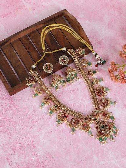 Grand Temple - Inspired Kundan Choker Necklace Set with Ruby &amp; Emerald Detailing - Auraa Trends - Necklace -  - Auraa Trends - Grand Temple - Inspired Kundan Choker Necklace Set with Ruby &amp; Emerald Detailing