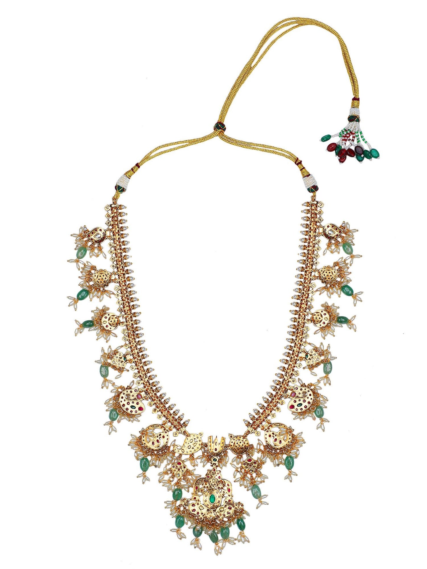 Grand Temple - Inspired Kundan Choker Necklace Set with Ruby &amp; Emerald Detailing - Auraa Trends - Necklace -  - Auraa Trends - Grand Temple - Inspired Kundan Choker Necklace Set with Ruby &amp; Emerald Detailing