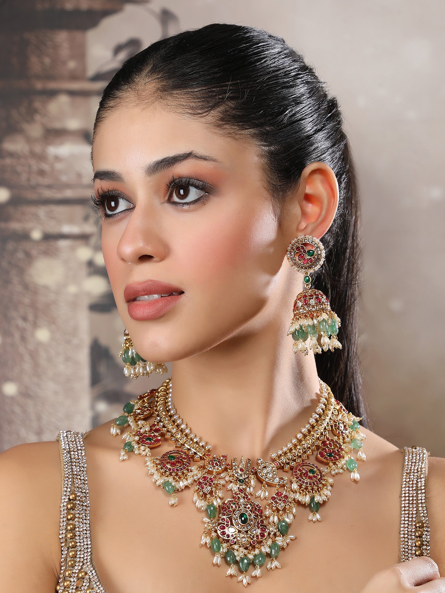 Grand Temple - Inspired Kundan Choker Necklace Set with Ruby &amp; Emerald Detailing - Auraa Trends - Necklace -  - Auraa Trends - Grand Temple - Inspired Kundan Choker Necklace Set with Ruby &amp; Emerald Detailing