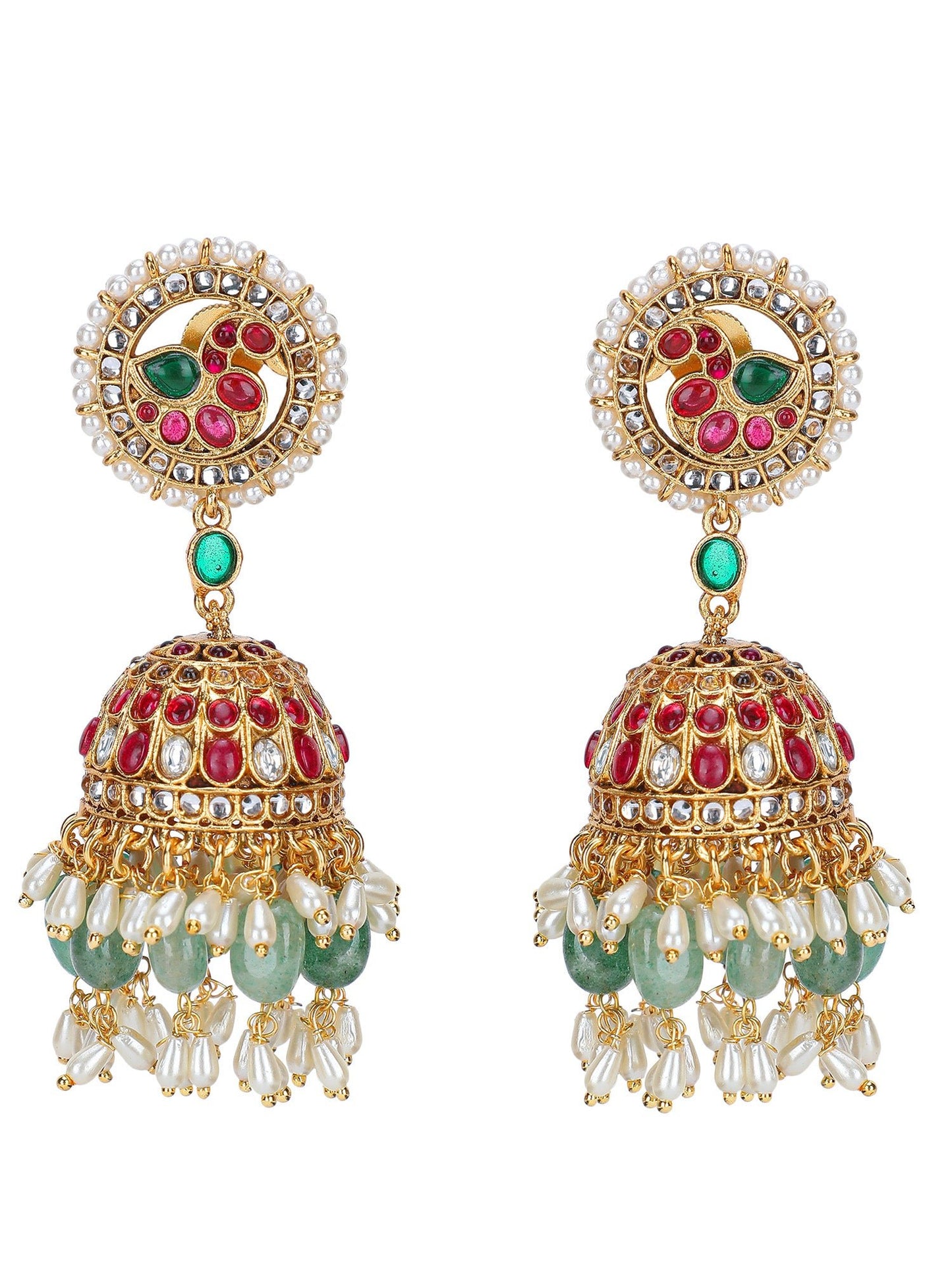 Grand Temple - Inspired Kundan Choker Necklace Set with Ruby &amp; Emerald Detailing - Auraa Trends - Necklace -  - Auraa Trends - Grand Temple - Inspired Kundan Choker Necklace Set with Ruby &amp; Emerald Detailing