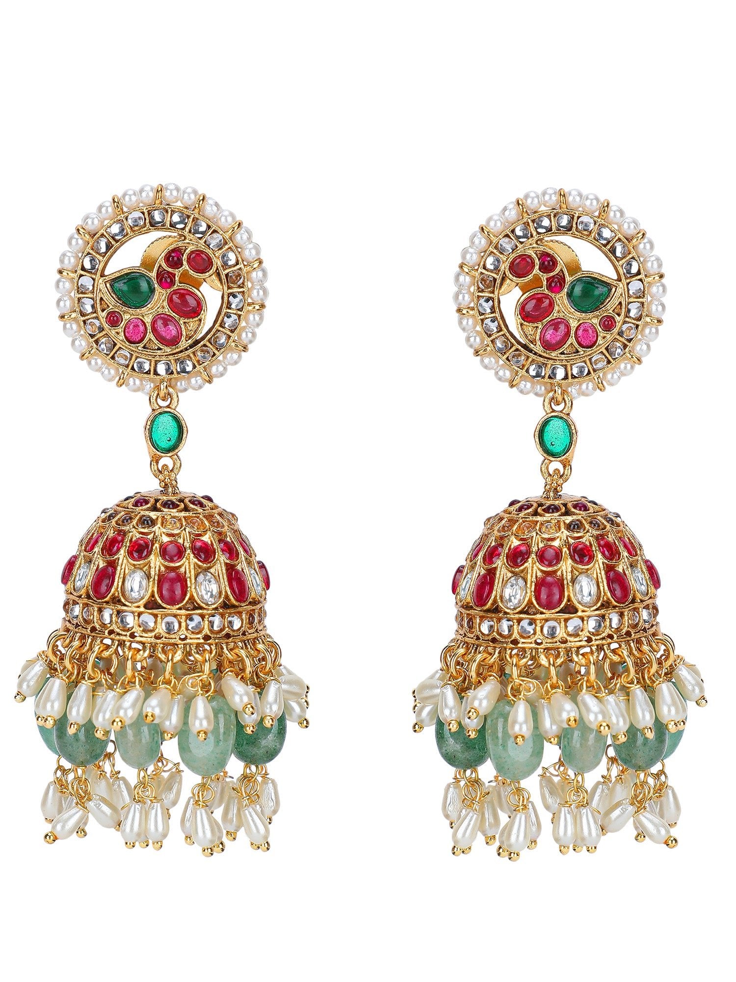 Grand Temple - Inspired Kundan Choker Necklace Set with Ruby &amp; Emerald Detailing - Auraa Trends - Necklace -  - Auraa Trends - Grand Temple - Inspired Kundan Choker Necklace Set with Ruby &amp; Emerald Detailing