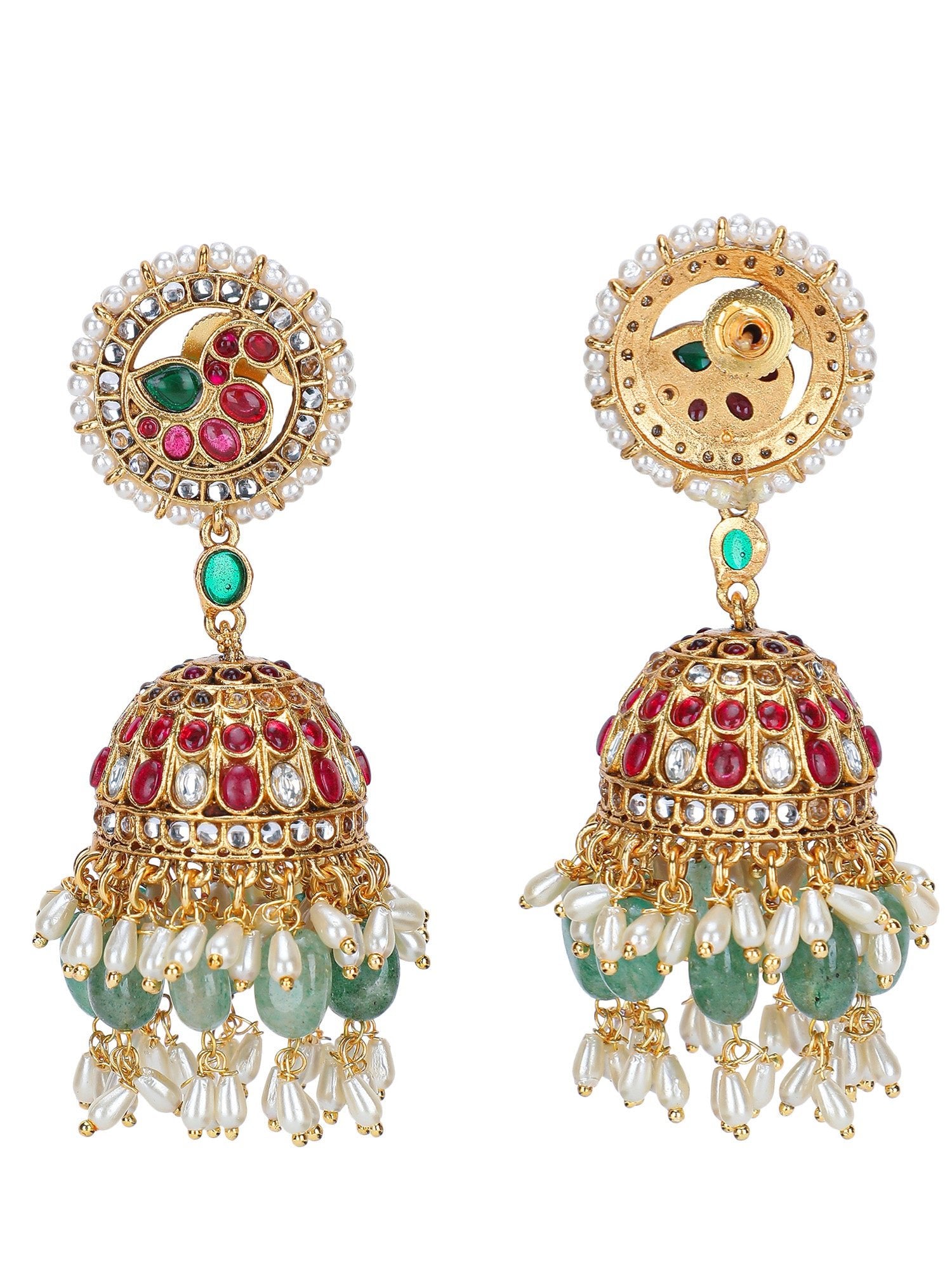 Grand Temple - Inspired Kundan Choker Necklace Set with Ruby &amp; Emerald Detailing - Auraa Trends - Necklace -  - Auraa Trends - Grand Temple - Inspired Kundan Choker Necklace Set with Ruby &amp; Emerald Detailing