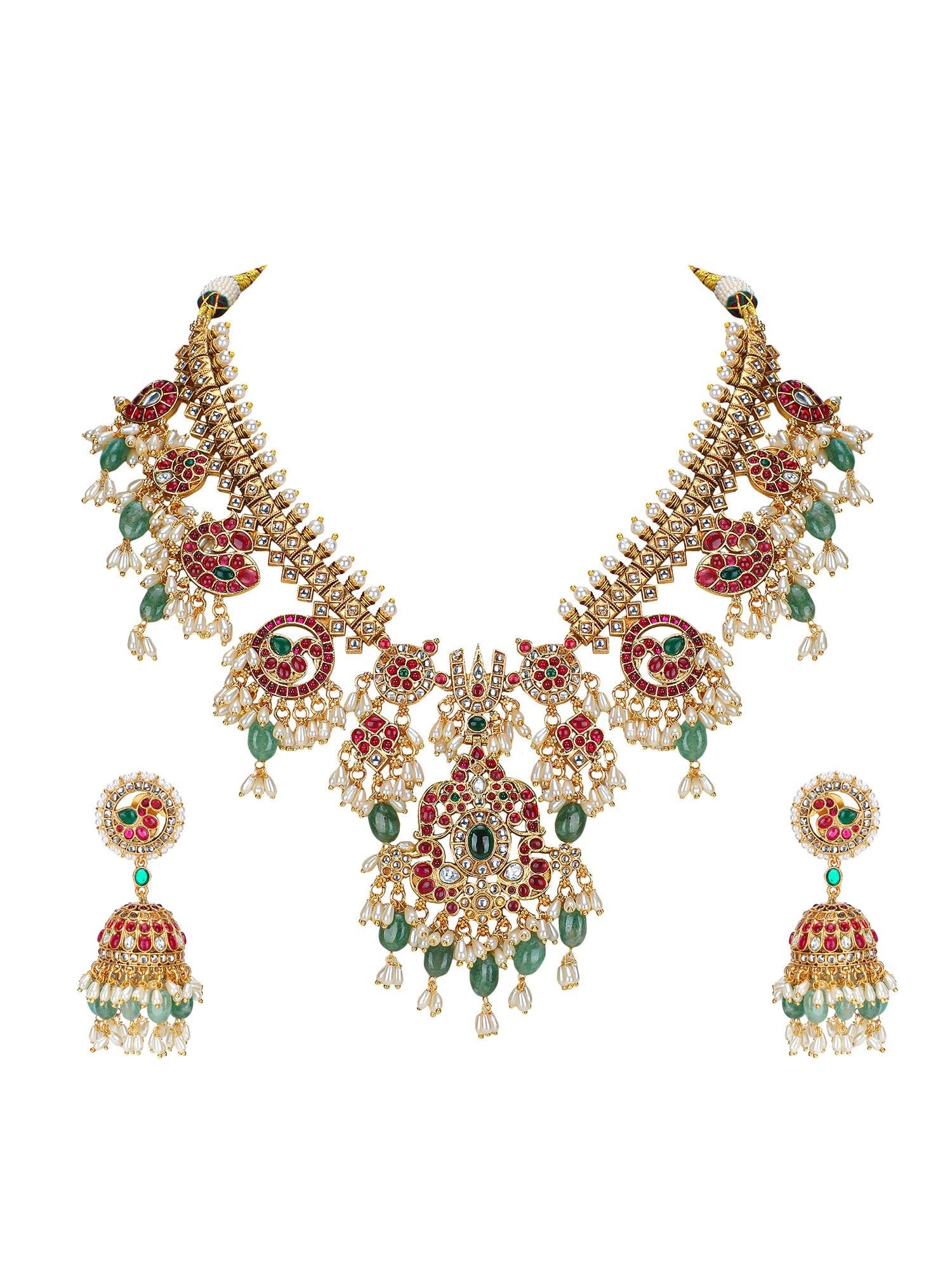 Grand Temple - Inspired Kundan Choker Necklace Set with Ruby &amp; Emerald Detailing - Auraa Trends - Necklace -  - Auraa Trends - Grand Temple - Inspired Kundan Choker Necklace Set with Ruby &amp; Emerald Detailing