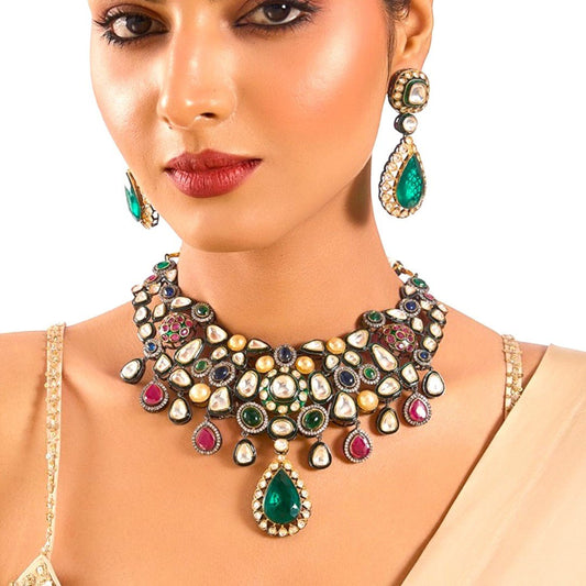 Green Choker Necklace set With Earrings - Auraa Trends - Choker - # - Auraa Trends - Green Choker Necklace set With Earrings
